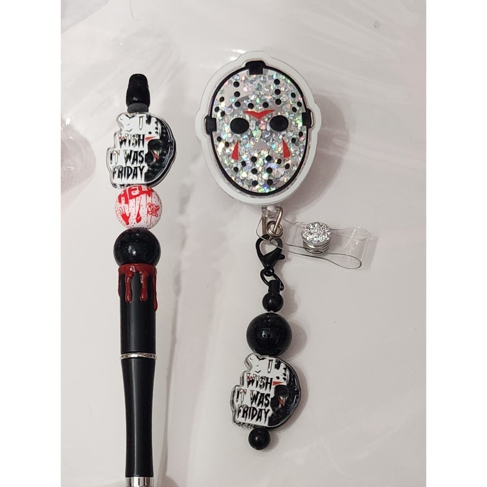 Badge Pen Bundle Horror Beaded Pen Alligator Clip ID Holder Halloween Fall Gift